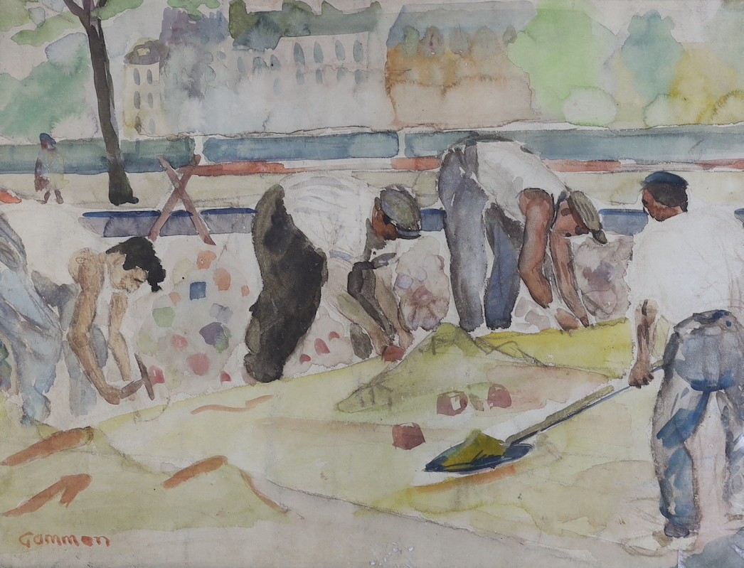 Reg Gammon (1894-1997), watercolour, Workmen beside a river, signed, 40 x 52cm